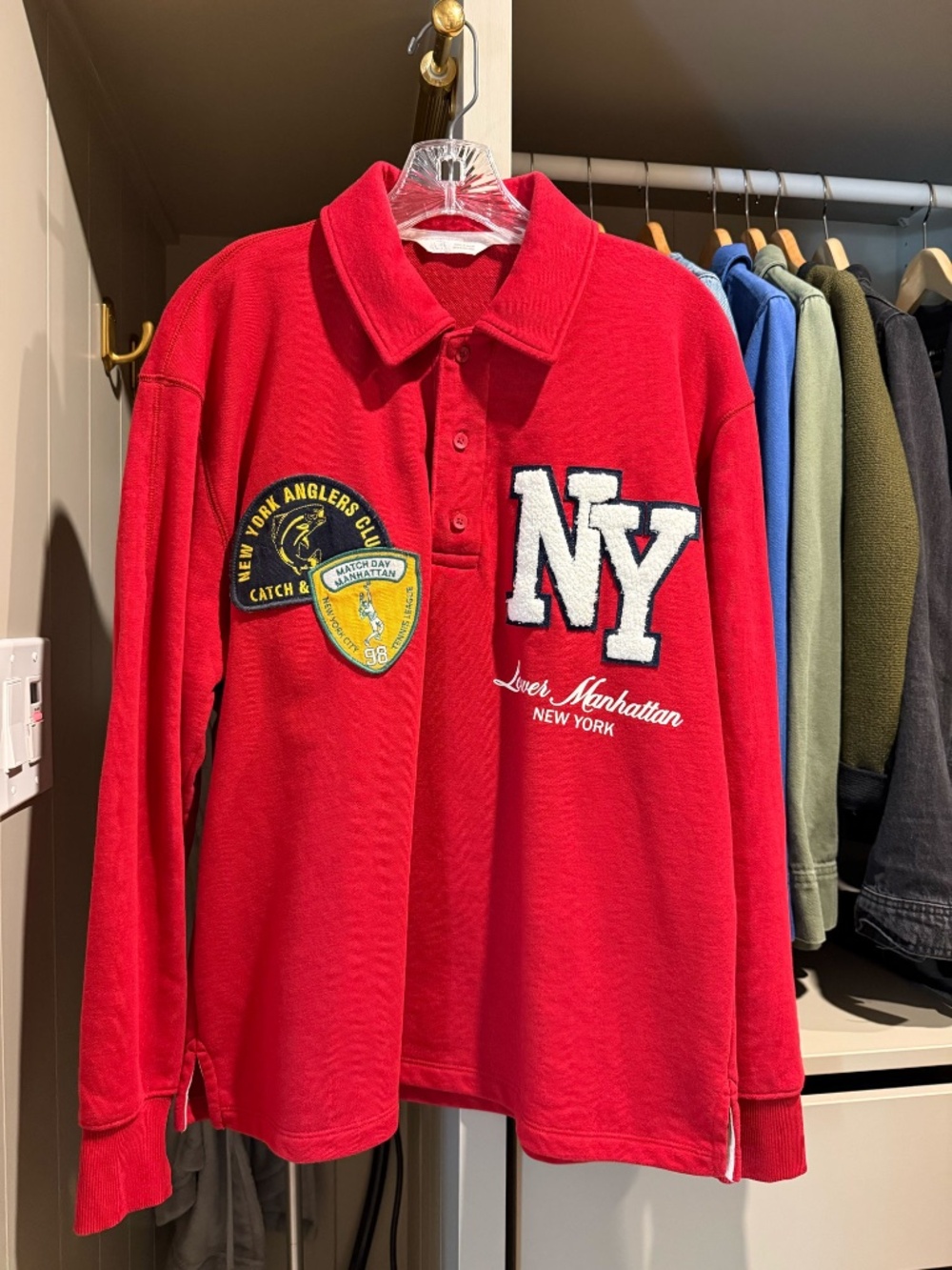 ZARA Red NY Patch Oversized Rugby Polo Shirt S